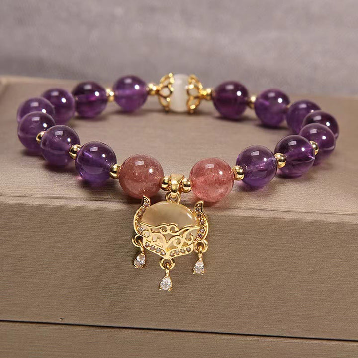 Buddha Stones Natürliches Amethyst-Erdbeerquarz-Katzenauge, chinesisches Schloss-Charm-Heilungsarmband - Amethyst & Erdbeerquarz & Katzenauge - image 1