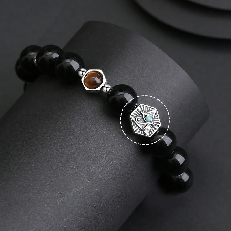 Buddha Stones 925 Sterling Silber Schwarzer Obsidian Tigerauge Auge der Vorsehung Reinigungsarmband - image 3