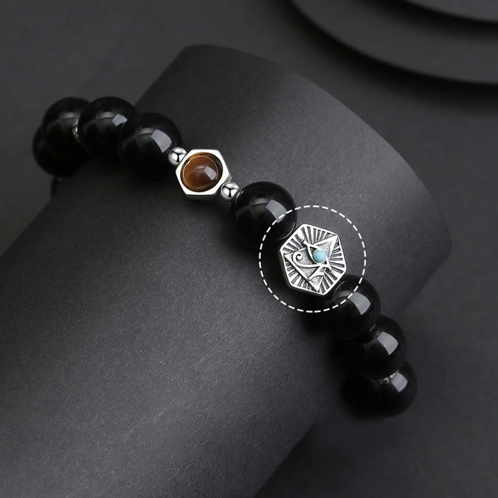 Buddha Stones 925 Sterling Silber Schwarzer Obsidian Tigerauge Auge der Vorsehung Reinigungsarmband - image 3
