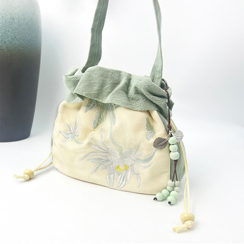 Buddha Stones Suzhou Stickerei Lotus Epiphyllum Magnolie Baumwollleinen Tragetasche Umhängetasche Schultertasche Handtasche