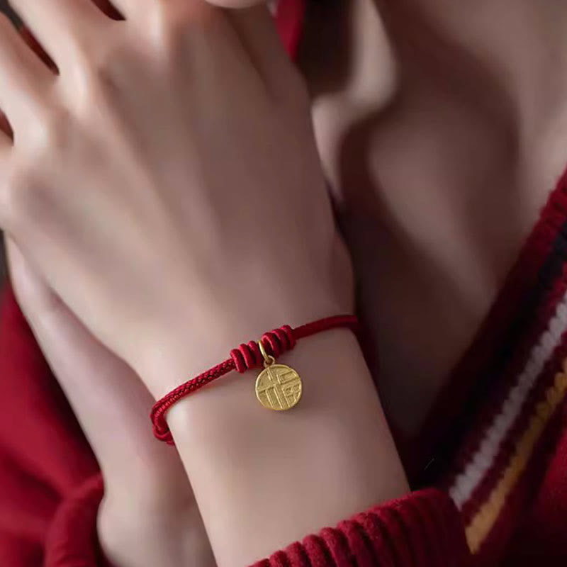 Buddha Stones Handgefertigtes Armband aus rotem Seil mit acht Fäden, Friedensknoten und Fu-Zeichen-Anhänger – ein Symbol für Glück und Freude - image 3
