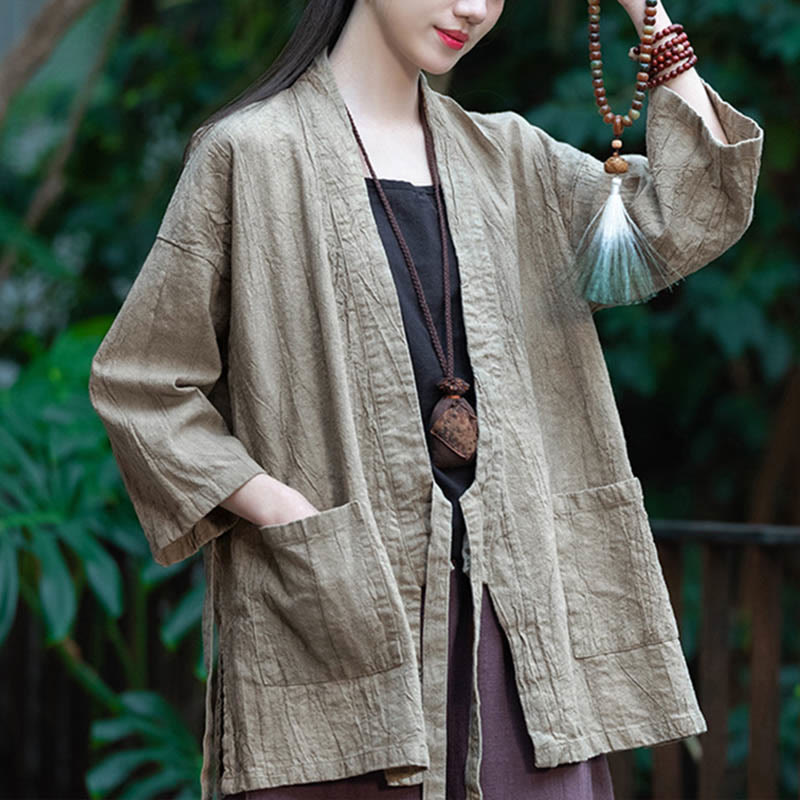 Buddha Stones Hanfu Design Dreiviertelärmel Ramie Leinen Mantel vorne offen Oberteil Jacke