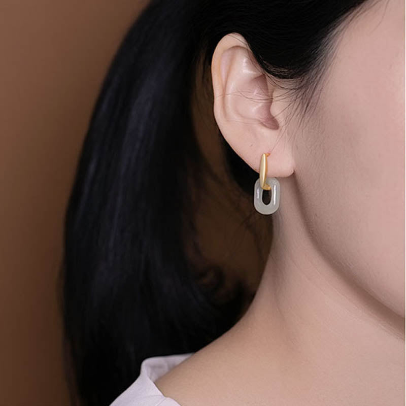 Buddha Stones 925 Sterling Silber Runde Weiß Jade Glück Segen Ohrringe - image 4