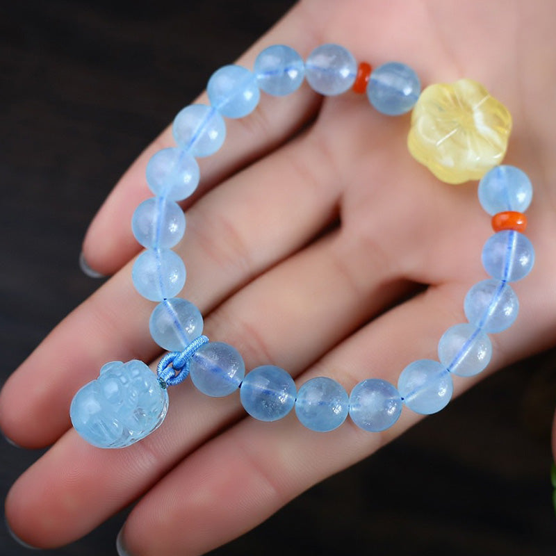 Natürliches Aquamarin-Bernstein-Pixiu-Friedensheilungs-Charm-Armband - image 3