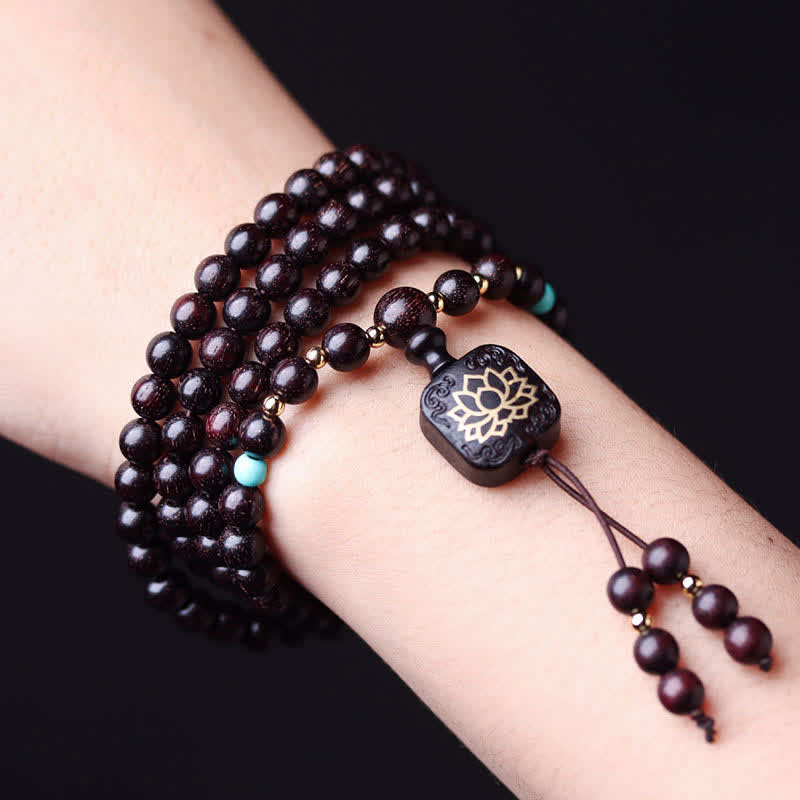 Buddha Stones 108 Mala-Perlen, tibetisches kleines Blatt, rotes Sandelholz, Lotus-Balance-Armband