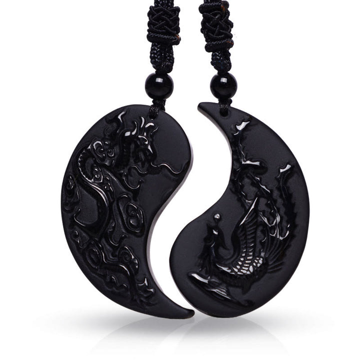 Buddha Stones, schwarzer Obsidian, Yin-Yang-Drache, Phönix, Glücks-Halsketten-Anhänger