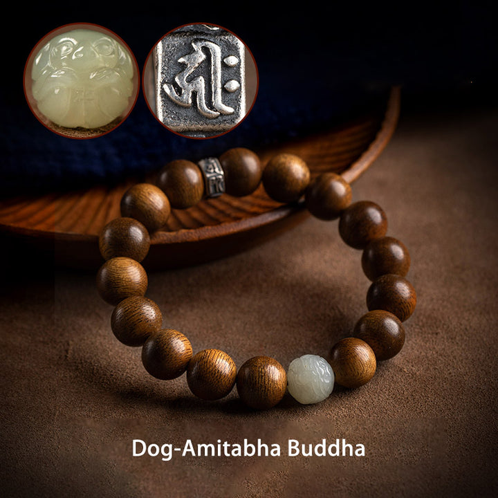 Armband mit Buddha Stonesn, chinesischem Sternzeichen, Natal-Buddha, Kalimantan-Adlerholz-Jade, 925er-Sterlingsilber