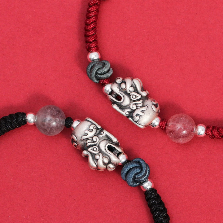 Buddha Stones 999 Sterling Silber PiXiu Erdbeerquarz Perlen Reichtum Glück geflochtenes Armband