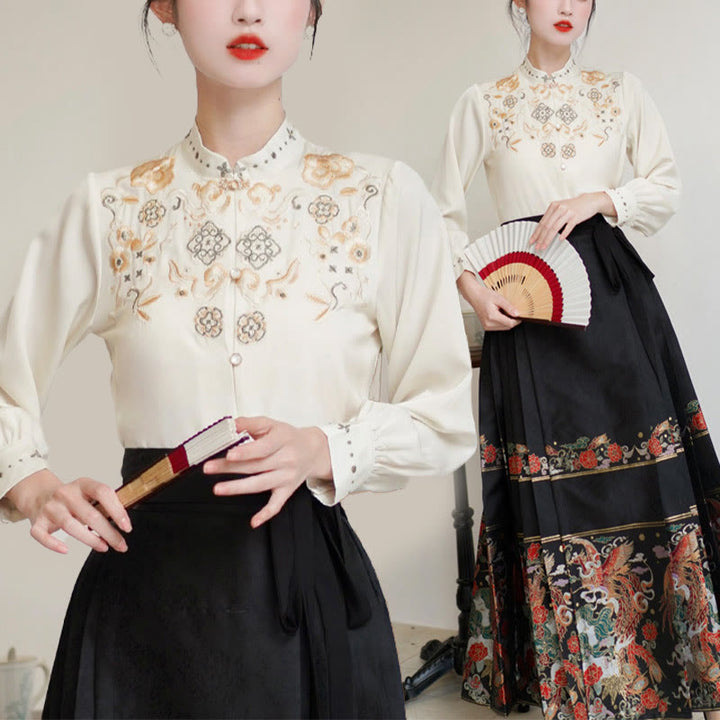 Buddha Steine Langarm Shirt Stickerei Top Chinesischen Hanfu Phoenix Pferd Gesicht Rock Mamianqun