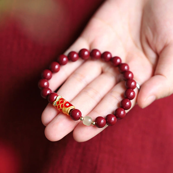 Buddha Stones Natürliches Zinnober-Glücks-Koi-Fisch-Hetian-Jade-Perlen-Segen-Armband