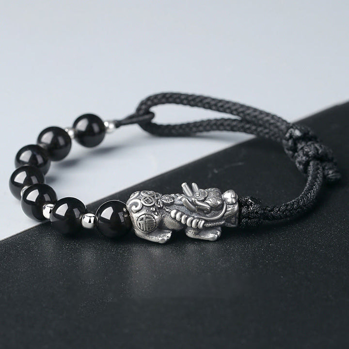 Buddha Stones 999 Sterling Silber FengShui PiXiu Natürlicher schwarzer Obsidian 925 Sterling Silber Bead Strength Armband