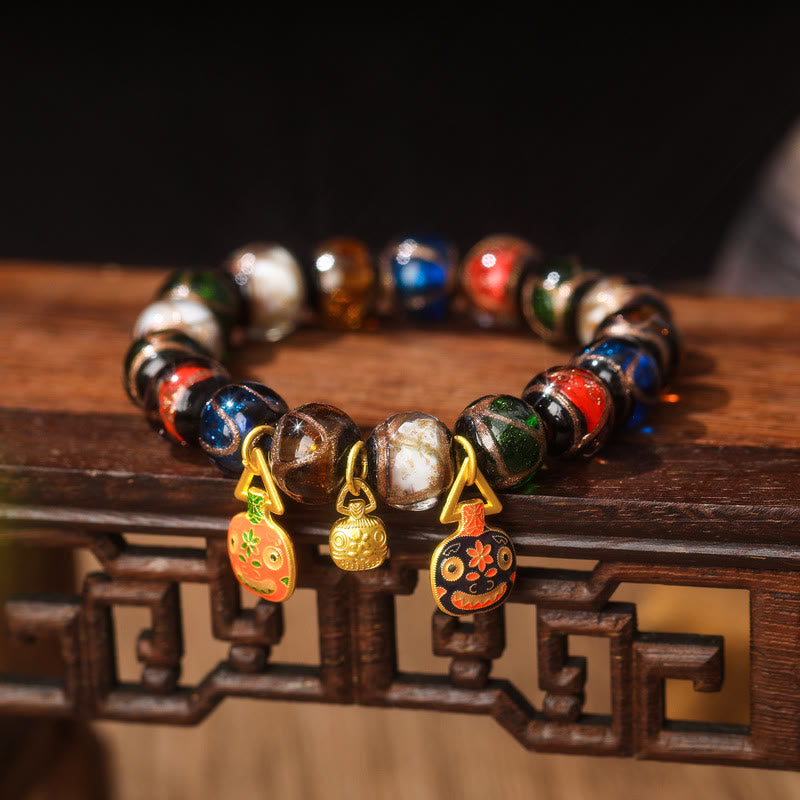 Buddha Stones Five Elements Gold Schlucktier Familie Charm Liuli Glasperlen Glücksarmband - Liuli Glasperlen & Flache Orange Schwarz Gold Verschlingende Bestienfamilie - 14 mm (15 Perlen) - image 6