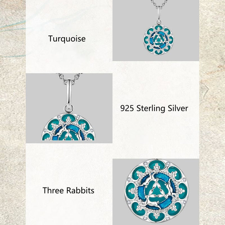 Buddha Stones 925 Sterling Silber Runder Türkis Drei Kaninchen Balance Halskette Anhänger - image 8