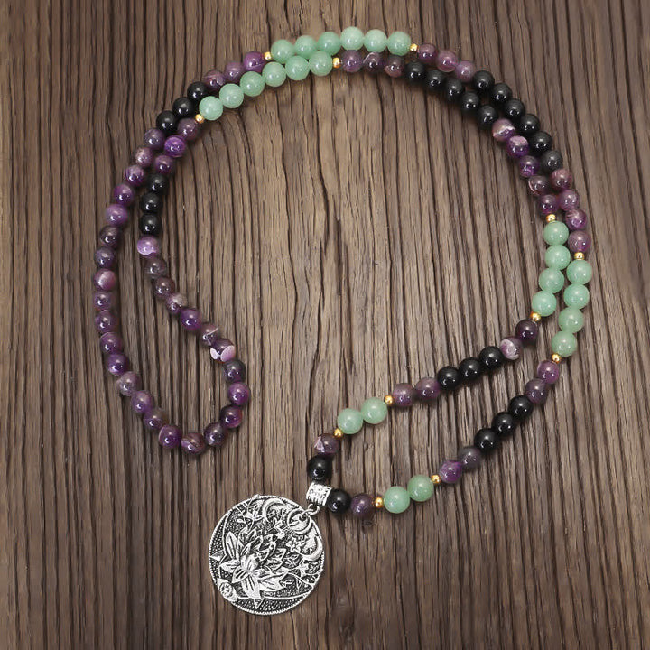 Buddha Stones 108 Mala-Perlen, Amethyst, grüner Aventurin, Lotus, Meditationsarmband