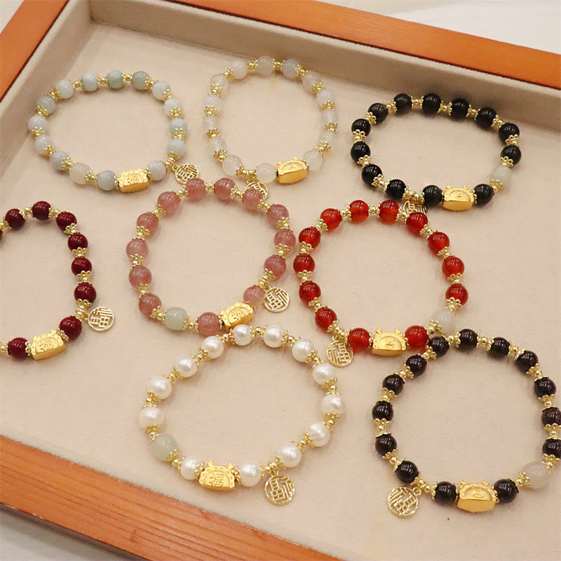 Buddha Stones, Jahr des Drachen, roter Achat, Erdbeerquarz, schwarzer Obsidian, Jade, Granat, Perle, Zinnober, Knödel, Drache, Glück, Fu, Charakter-Armband - image 37