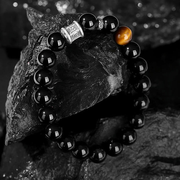 Buddha Stones 999 Sterling Silber Schwarzer Obsidian Tigerauge Om Mani Padme Hum Erfüllungsarmband