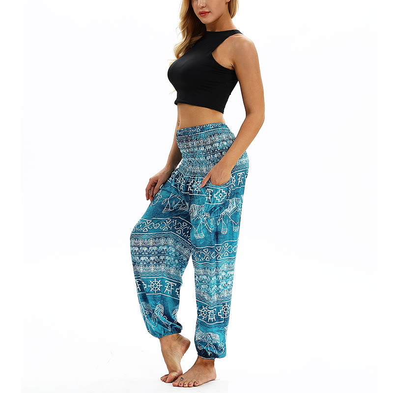 Buddha Stones Boho Lockere Haremshose mit geometrischem Elefantenmuster für Damen, Yogahose