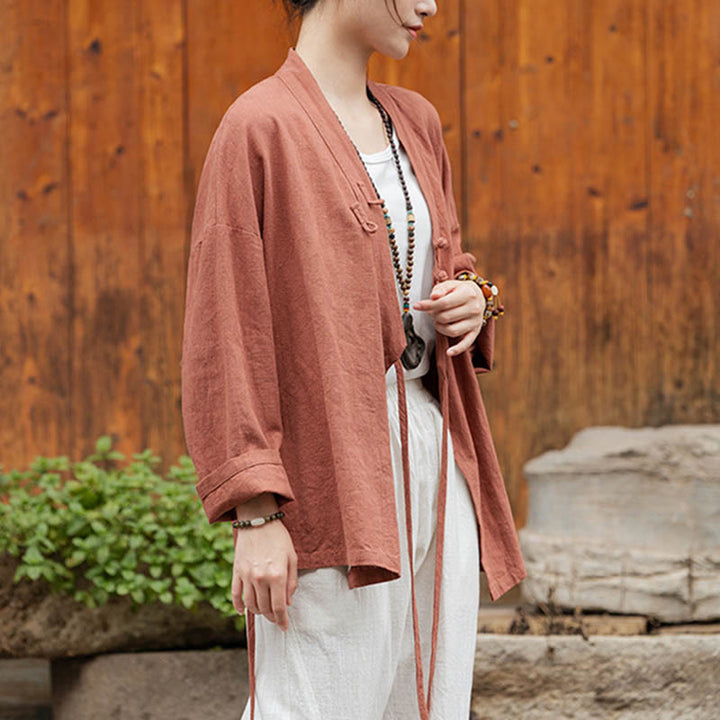 Buddha Stones Frosch-Knopf Hanfu Design Shirt Top Ramie Leinen Jacke