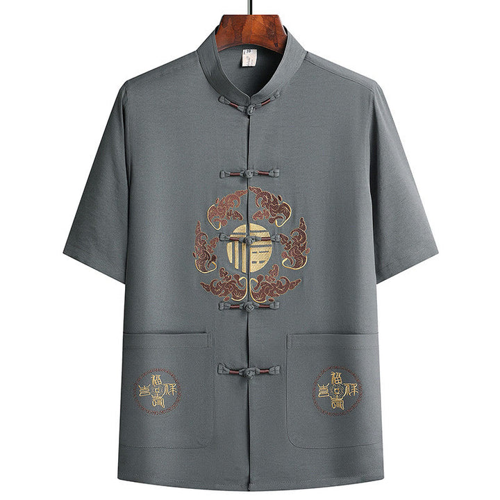 Buddha Stones Fu Charakter Tang Anzug Hanfu Traditionelle Uniform Kurzarm Oberteil Hosen Kleidung Herren Set