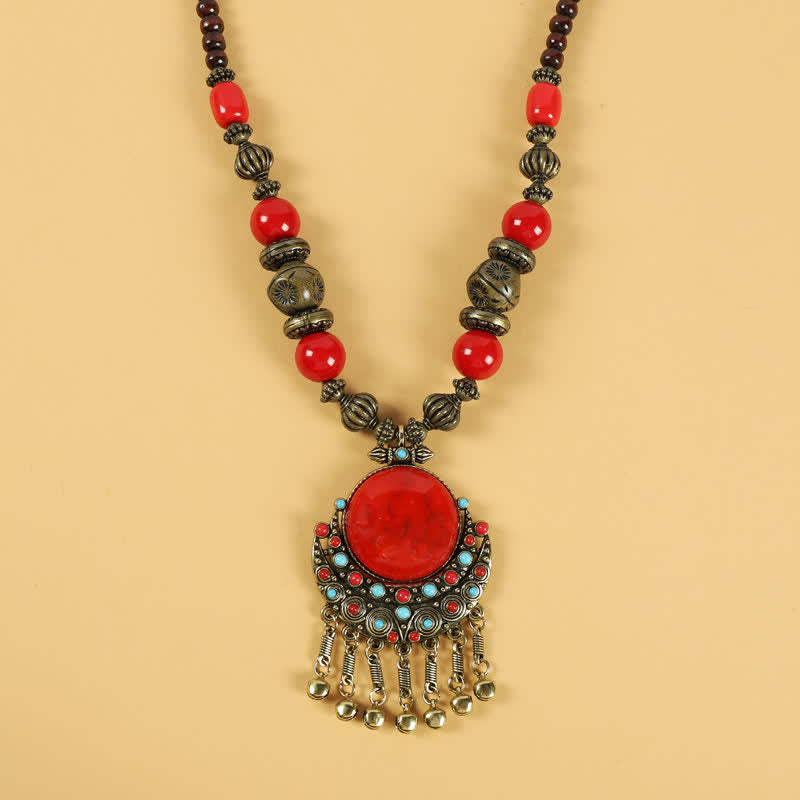 Tibetische Retro-Perlen, Quasten-Haarschmuck, Haarschmuck - Sonne Mond-Rot - image 0