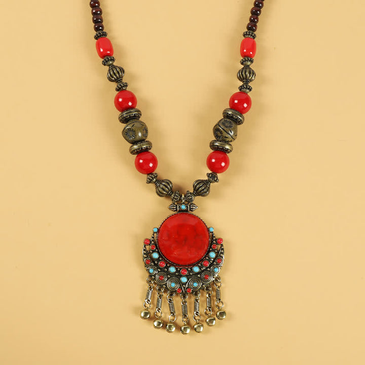 Tibetische Retro-Perlen, Quasten-Haarschmuck, Haarschmuck - Sonne Mond-Rot - image 0
