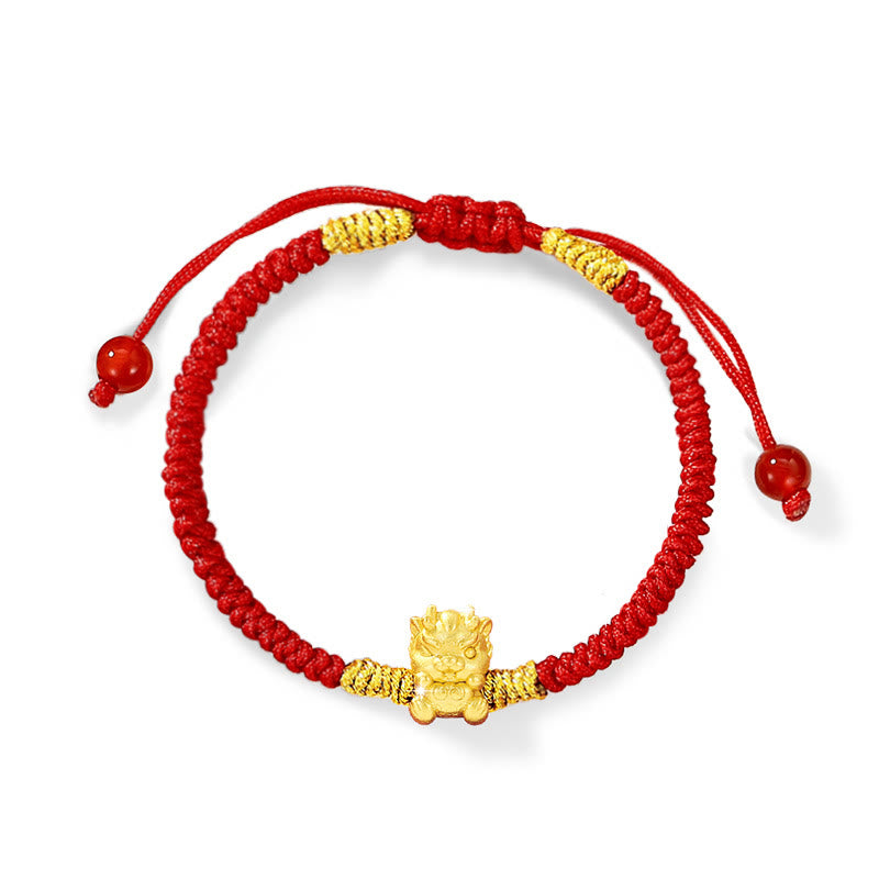 Buddha Stones, 999er-Sterlingsilber, Jahr des Drachen, Kupfermünze, Glück, Drache-Fu-Charakter, Glück, handgefertigtes geflochtenes Armband mit roter Schnur
