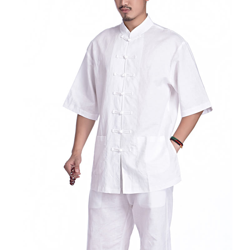 Buddha Stones, chinesischer Frosch, Knopf-Design, Meditation, Gebet, Baumwolle, Leinen, spirituell, Zen, Praxis, Yoga, Kleidung, Herren-Set - Weiß (Kurzarm) - US/UK/AU44, EU54 (3XL) - image 21