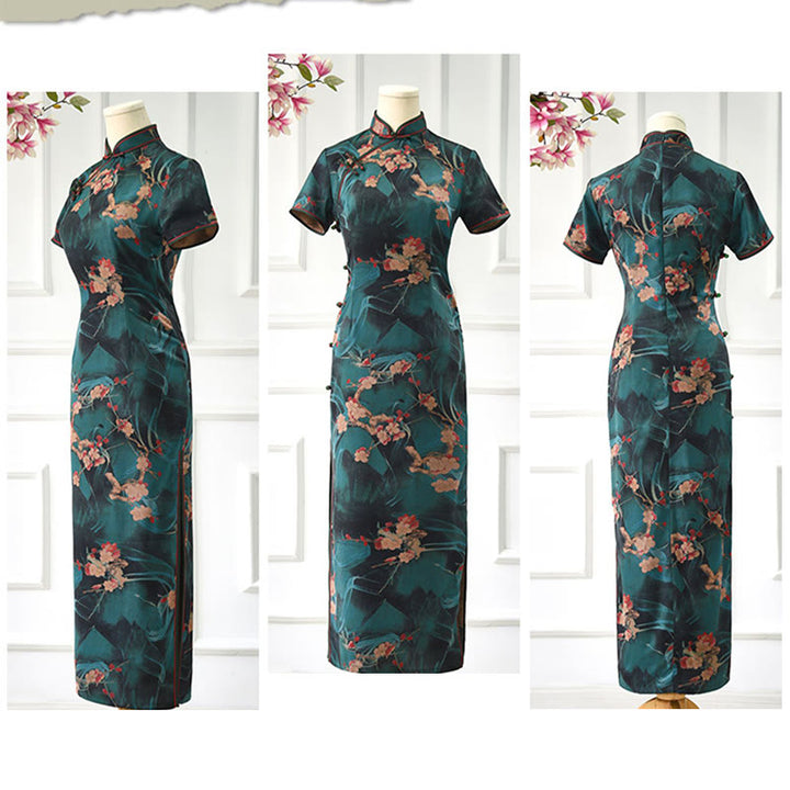 Buddha Stones Vintage Rosa Blumen Print Cheongsam Kleid Damen Qipao Kleid