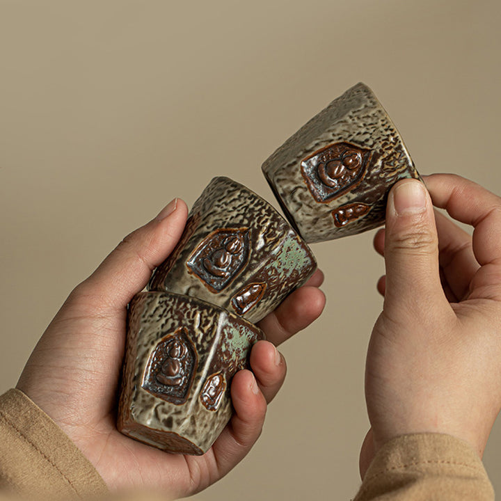 Buddha Stones Vintage-Teetasse in Dunhuang-Farbe, Buddha-Gravur, Kung-Fu-Teetasse