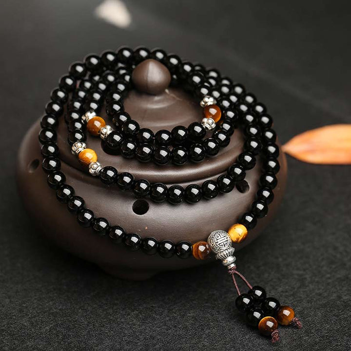 Buddha Stones Schwarzes Obsidian-Tigerauge-Segen-Mala-Armband