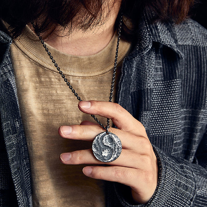 Buddha Stones 990 Sterling Silber Yin Yang Hammer Textur Harmony Halskette Anhänger - image 8