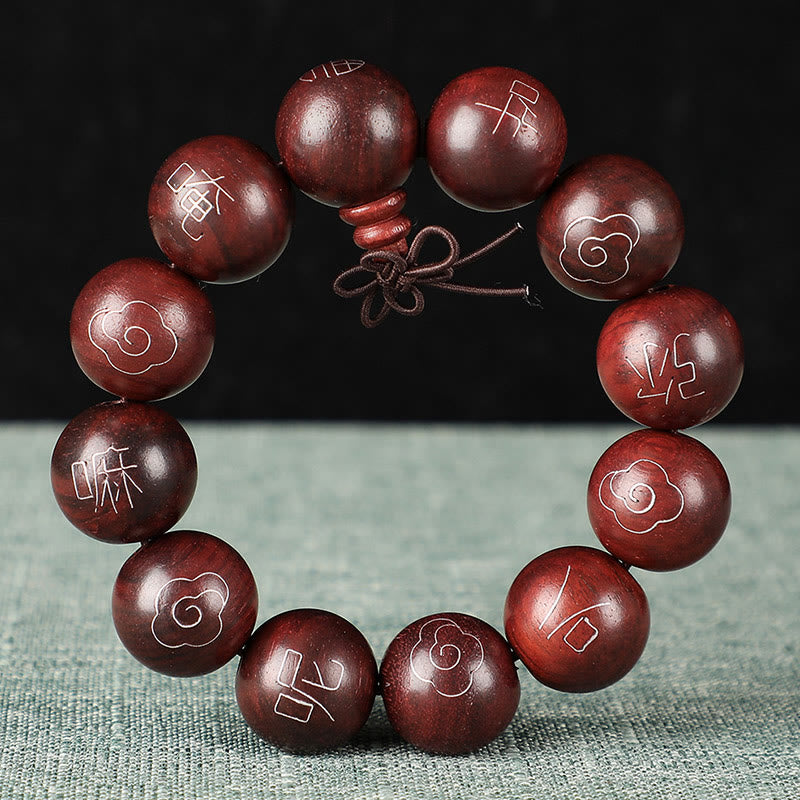 Buddha Stones, 925er-Sterlingsilber, eingelegtes kleines Blatt, rotes Sandelholz, Om Mani Padme Hum-Charakter, glückverheißende Wolken, Schutzarmband