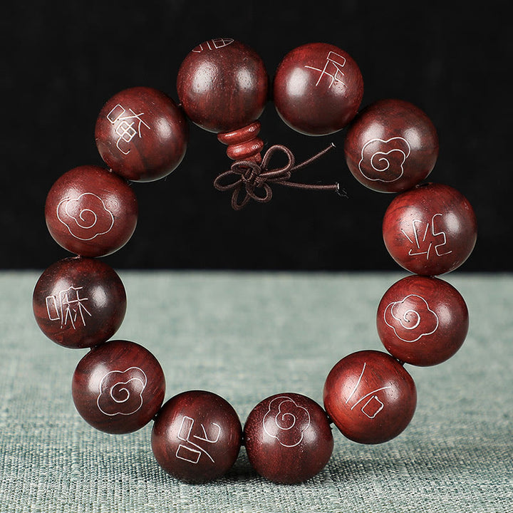 Buddha Stones, 925er-Sterlingsilber, eingelegtes kleines Blatt, rotes Sandelholz, Om Mani Padme Hum-Charakter, glückverheißende Wolken, Schutzarmband