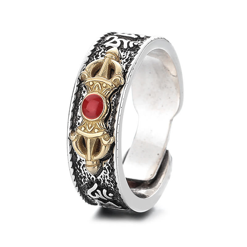 Buddha-Steine, tibetischer Om Mani Padme Hum, roter Achat, Dorje, Vajra-Design, Weisheitsring