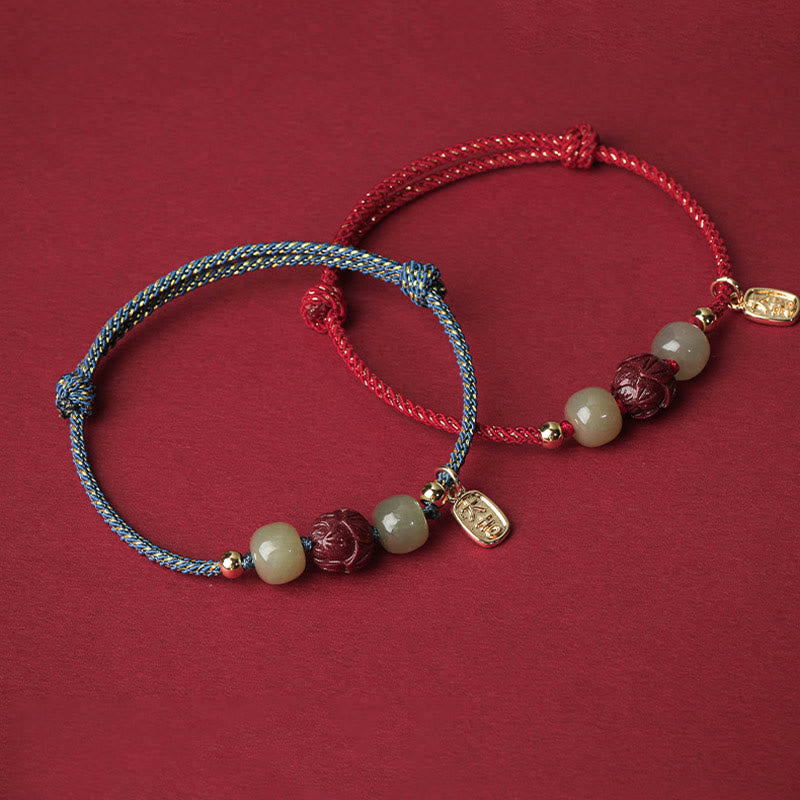 Buddha Stones 14K vergoldetes Hetian Jade Zinnober Lotus Glück handgefertigtes Seilarmband - image 10