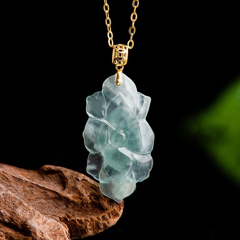 Buddha Stones 18K Gold natürliche Jade Lotus Muster Wohlstand Halskette Anhänger - image 5