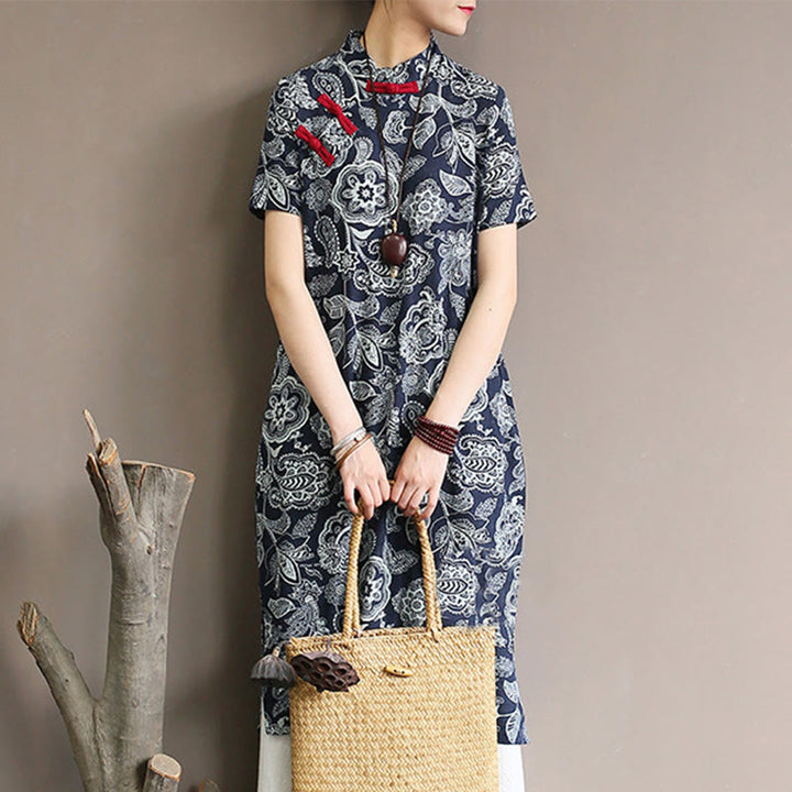 Buddha Stones Blau- Weiß Blume Froschknopf Cheongsam Kleider Kurzarm Leinenkleider mit Taschen