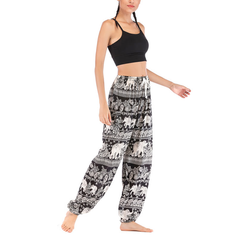 Buddha Stones Boho Lockere Haremshose mit Elefantenmuster für Damen, Yogahose