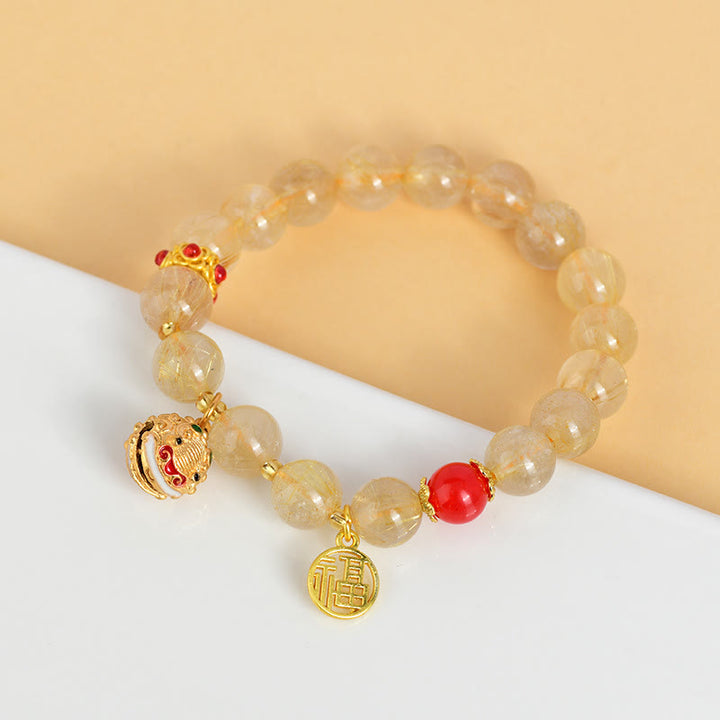Buddha-Steine, natürlicher goldener Rutilquarz, Fu-Charme, Glocke, Reichtum-Armband