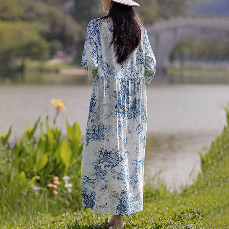 Midikleid mit Buddha-Steinen und Blumen-Print, Tunikakleid aus Baumwolle und Leinen mit Taschen