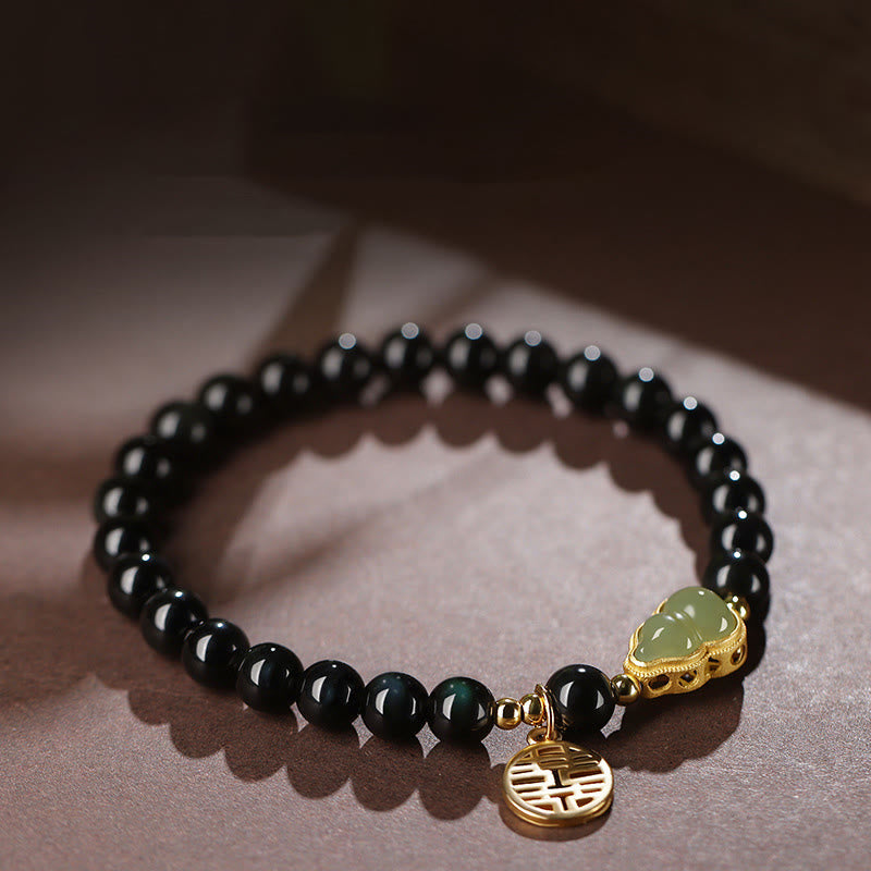 Natürliches schwarzes Obsidian-Hetian-Jade-Kürbis-Armband mit doppelter Glückskraft