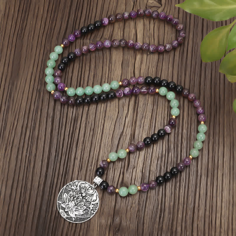 Buddha Stones 108 Mala-Perlen, Amethyst, grüner Aventurin, Lotus, Meditationsarmband