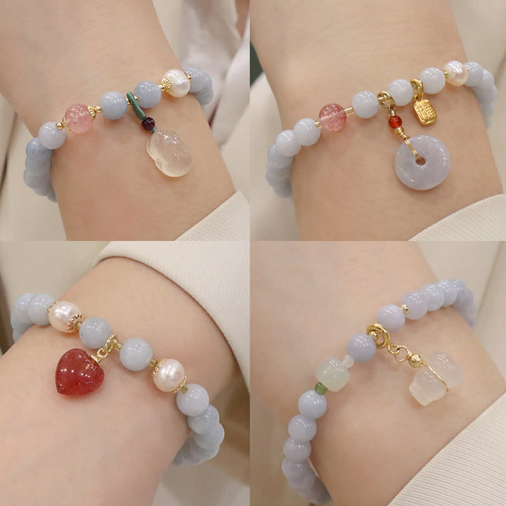 Buddha Stones Natürliches Aquamarin-Chalcedon-Charm-Armband „Serenity Rabbit Gourd Cat“. - image 1