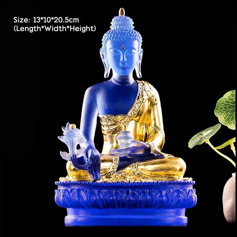 Medizin-Buddha, handgefertigt, Liuli-Kristall, Kunstwerk, Mitgefühl, Statue, Heimbüro, als Dekoration - 13 x 10 x 20,5 cm - Goldener Medizinbuddha - image 12