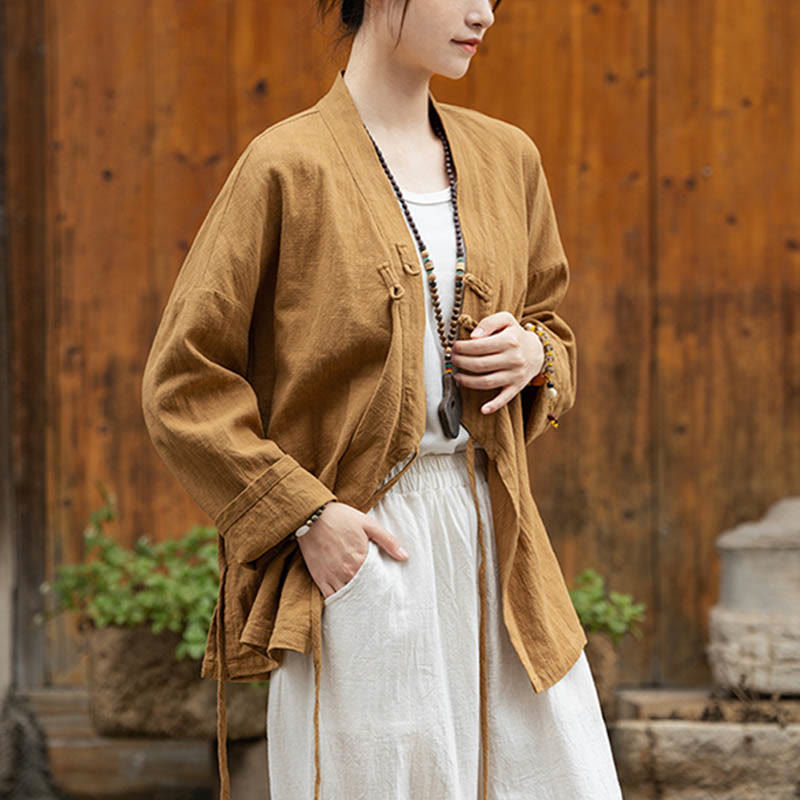 Buddha Stones Frosch-Knopf Hanfu Design Shirt Top Ramie Leinen Jacke