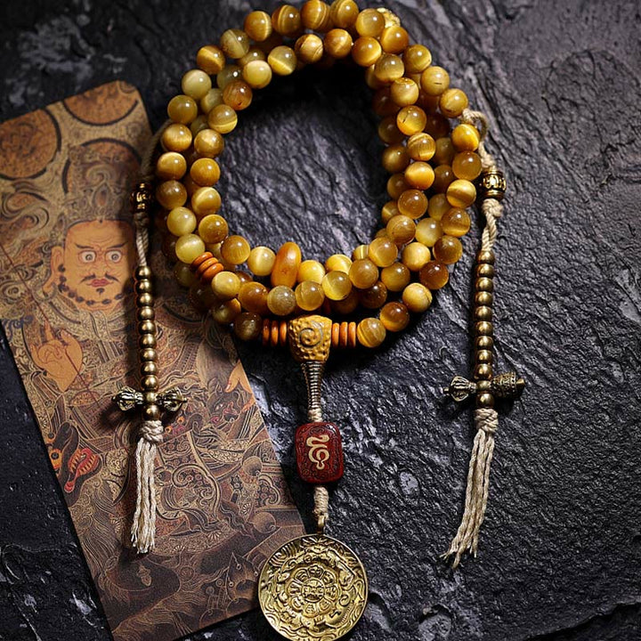 Buddha Stones 108 Mala Perlen Natürliches Tigerauge Kupfer Dorje Schutz Quastenarmband