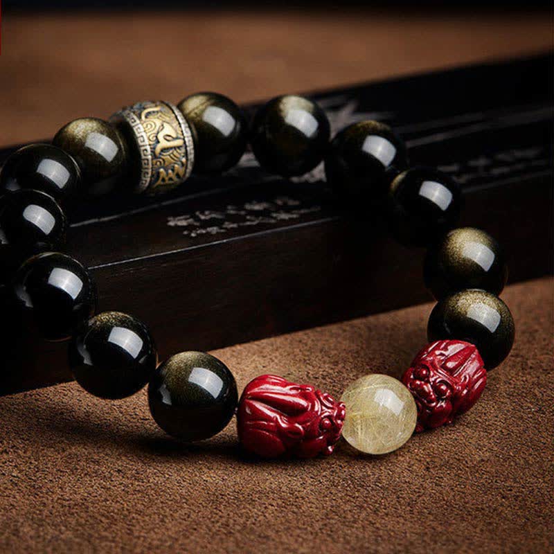 Buddha Stones Gold Sheen Obsidian PiXiu Cinnabar Om Mani Padme Hum Schutzarmband