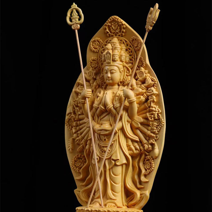 Buddha Stones, handgefertigt, tausendarmiger Avalokitesvara-Kwan-Yin-Bodhisattva-Statue, Buchsbaum, Fülle, Heimdekoration