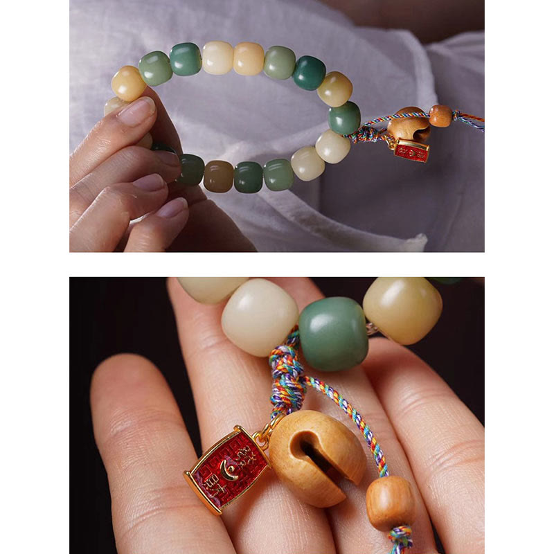 Buddha Stones, natürlicher Farbverlauf, Bodhi-Samen, Weisheit, Fischtrommel-Charm-Armband aus Holz