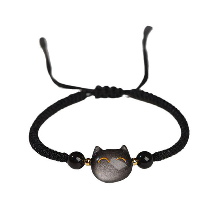 Buddha Stones Handgefertigtes, natürliches, silberglänzendes Obsidian-Erdbeerquarz-Armband mit niedlichem Katzenschutz